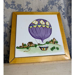 Vintage Hot Air Balloon Framed Handpainted Tile Trivet